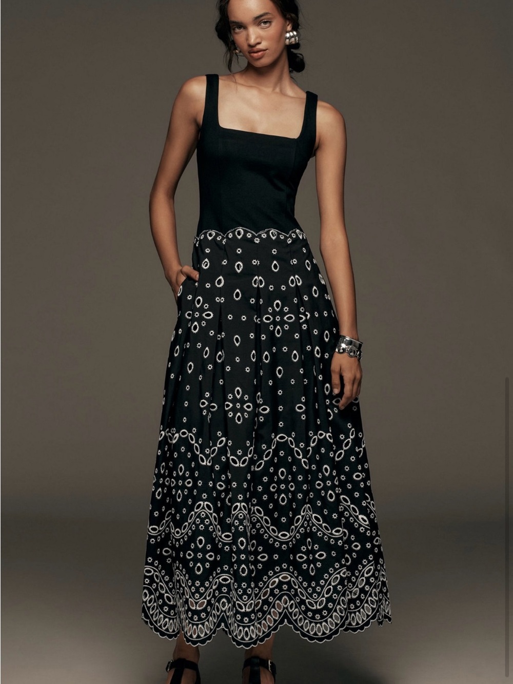 Maeve Black Maxi Dress with White Embroidered Skirt